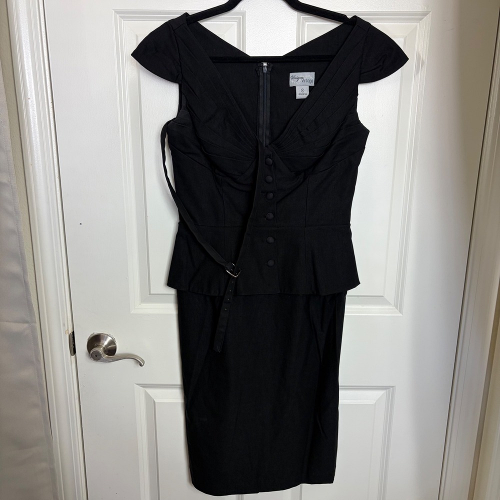 Unique Vintage Black Peplum Wiggle Dress Cotton Retro Pinup Pencil Dress Large